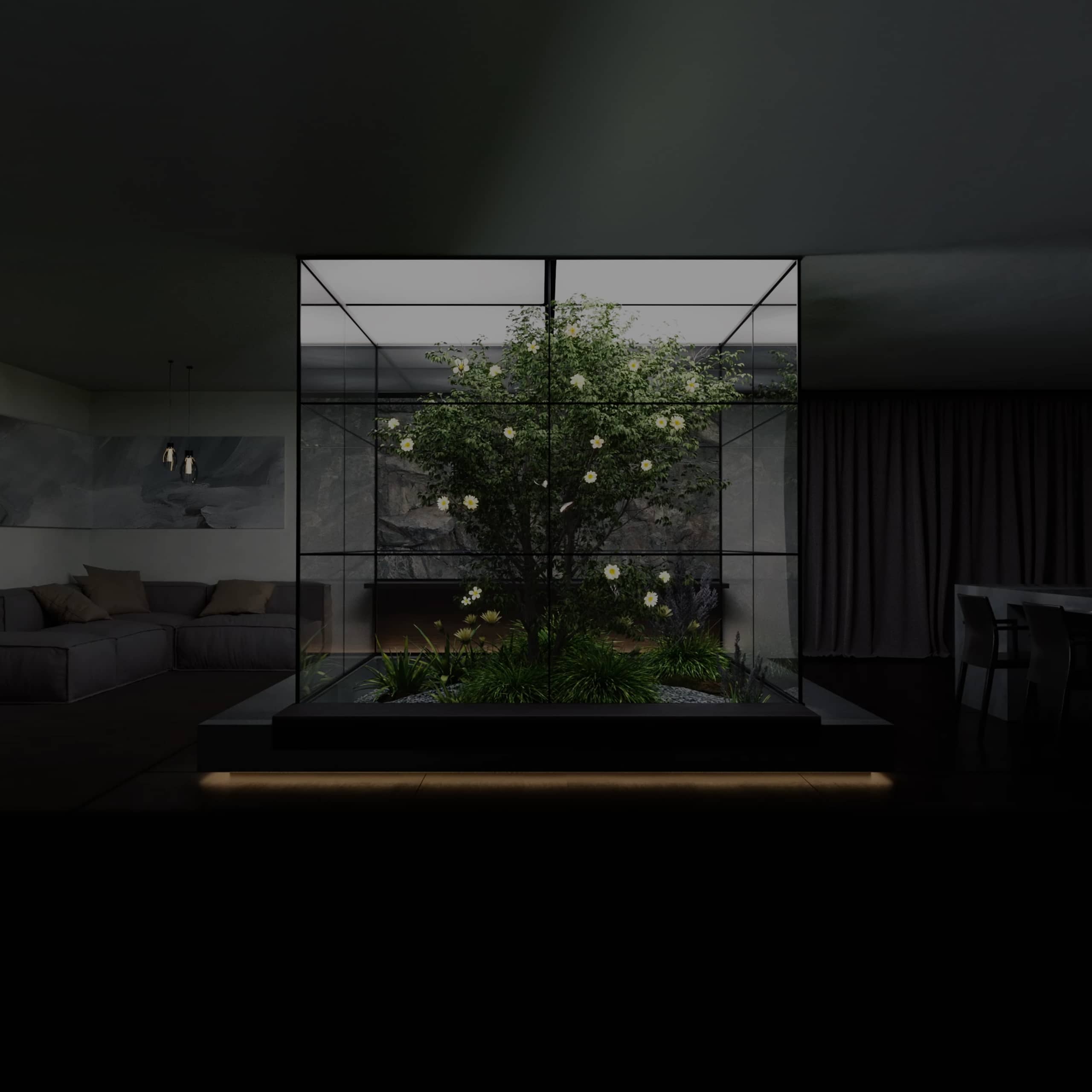 A case consisting of several Transparent OLEDs is installed in the living room, showing trees inside, and flowers bloom around the leaves.