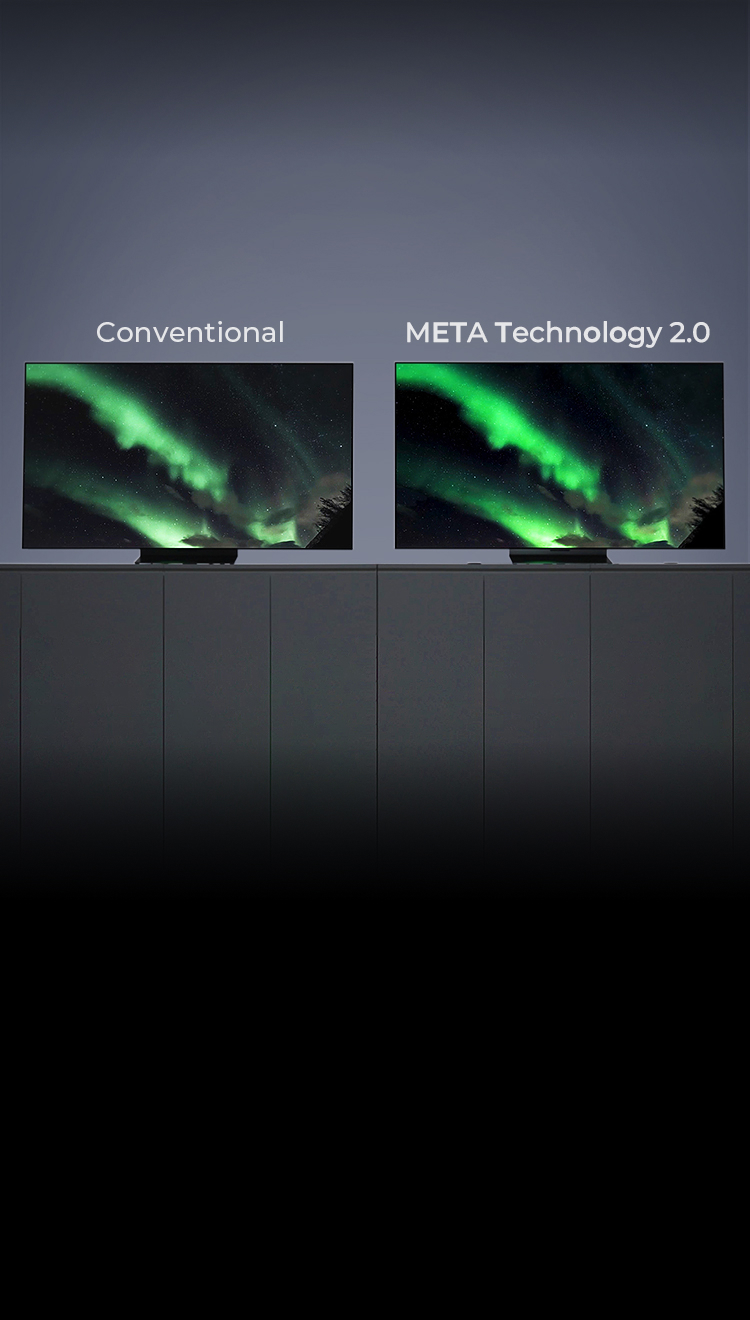 기존(Conventional)과 META Technology 2.0 디스플레이가 초록색 오로라 화면을 보여주고, META Technology 2.0의 컬러와 디테일 표현이 더욱 훌륭하다.
